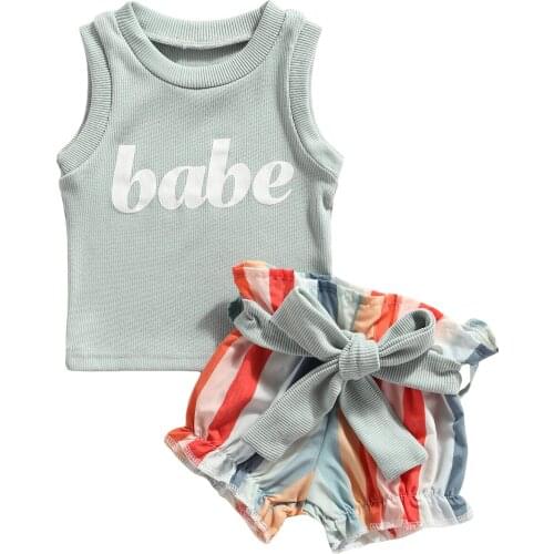 Fashionable Baby Sleeveless Tank Tops Shorts With Bow Belt Vertical Stripes Rainbow Pattern Printing Summer Cotton Clothing