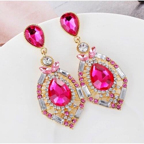 Trendy Elegant Wedding Party Jewelry Big Luxury Rhinestone Crystal Hot Pink Earrings Teardrop Dangle Earrings For Women