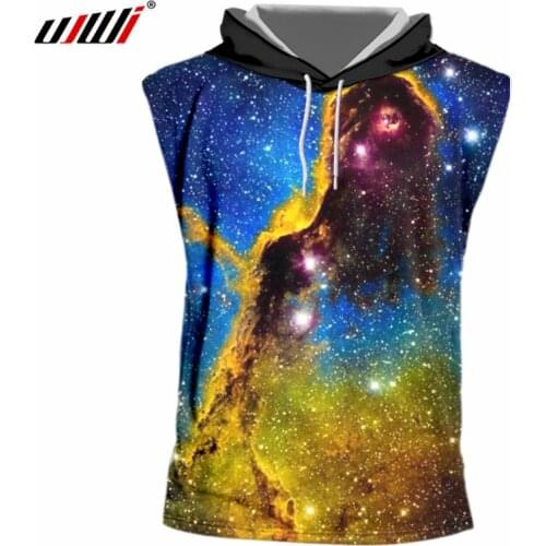 UJWI Summer Men Tshirts Cool Print Starry Star 3d T-shirt Man Hip Hop Sleeveless Hoody With Cap Homme Bodybuilding Fitness Shirt