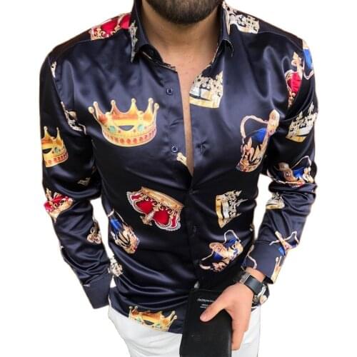 2021 New Fashion Crown Printing Shirt Mens Slim Fit Summer Long Sleeve Shirt Casual Shirt Male Turn-down Collar Clothing
