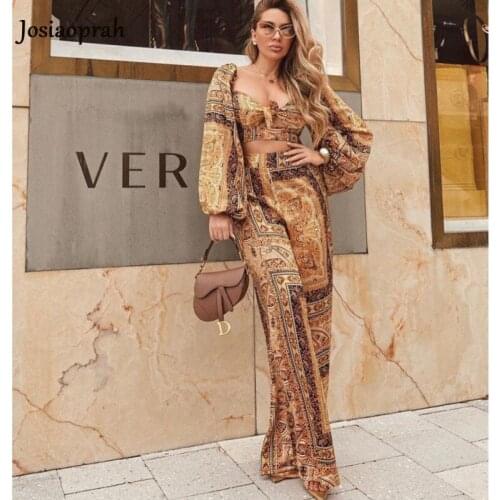 Josiaoprah 2021 Autumn Sexy Bodycon Jumpsuit Women Wide Leg Elegant Vintage Print Casual Romper Woman V Neck Jumpsuit Overalls