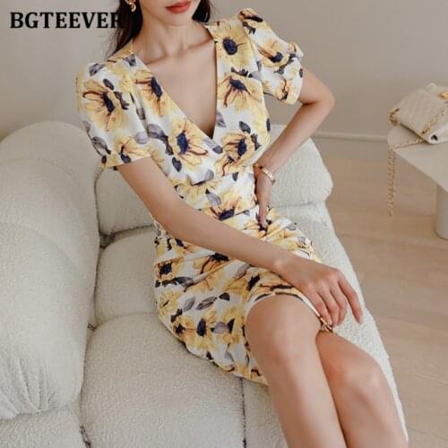 BGTEEVER Elegant V-neck Skinny Women Dresses Short Sleeve Floral Print Ladies Pencil Dress 2021 Summer Female Vestidos