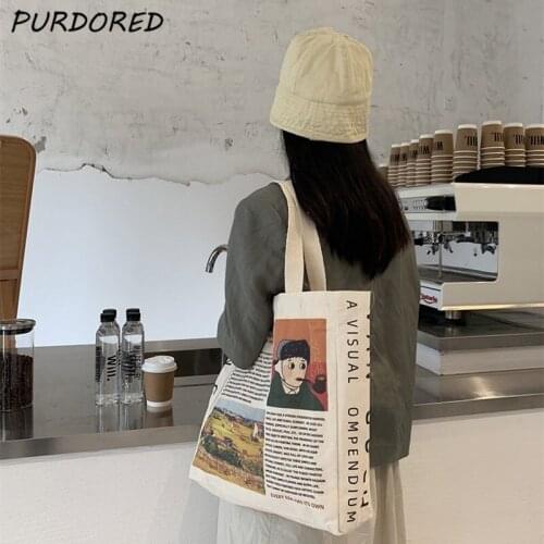 PURDORED 1 Pc Women Cartoon Vangogh Canvas Shoulder Bag Large Female Shipping Bag Student School Bag Women Eco Casual Tote