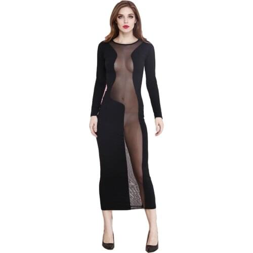 Sexy Black Ankle Long See Through Maxi Dress Patchwork Erotic Lingerie Long Sleeve Night Club Dresses Bodycon Dress