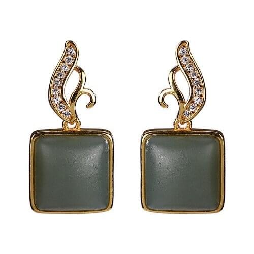 925 sterling silver gold plated Hetian jade Qiemo Blue Ear studs Personality Temperament Square Ladies Eardrops Earrings