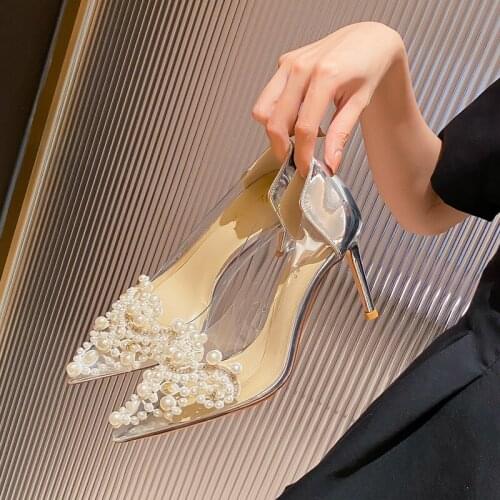 Spring pointed stiletto sexy patent leather pearl transparent French bridal wedding shoes banquet dress large size womens shoes