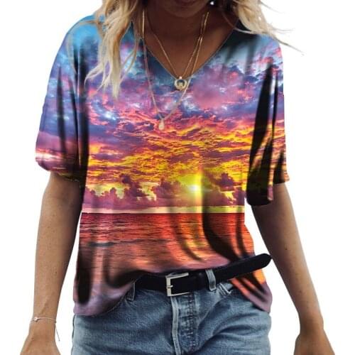 2021 New Summer Womens T-shirt 3D Printed Casual Fashion Short-Sleeved V-neck Loose Abstract Painting Blouse Pullover T-Shirt
