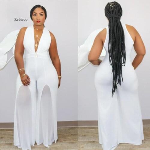 Women Plus Size Jumpsuit Stretch Bodycon Sleeveless Flared Bodysuit Office Lady One Piece Jumpsuit