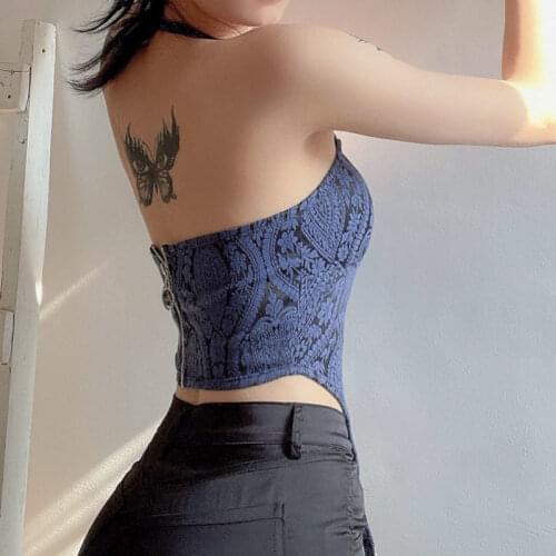 Summer Sexy Unique Halter Tops Fashion Print Vintage Y2K Crop Top Slim Hot Bustier Women Tank Tops Maiden Casual Commute Blouses