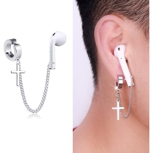 1PC Ear Clip Chains Anti-Lost Bluetooth Earphone Holders Accessories Earrings Man Woman Fashion Punk Cross Earcuff Fake Piercing