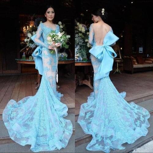 Long Scoop Appliques Mermaid Evening Dresses With Big Bow Long Sleeve Evening Prom Gowns Elegant 2017 Robe De Soiree