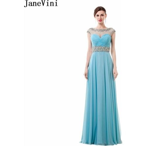 JaneVini 2018 Elegant Scoop Neck A Line Long Bridesmaid Dresses Crystal Beads Backless Floor Length Chiffon Prom Gowns Plus Size