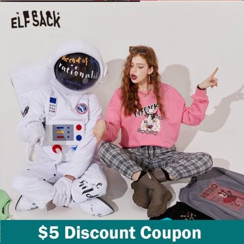 ELFSACK Harajuku Original Graphic Print Casual Pullover Sweatshirt Women,2021 Autumn Full Sleeve Korean Ladies Daily Top