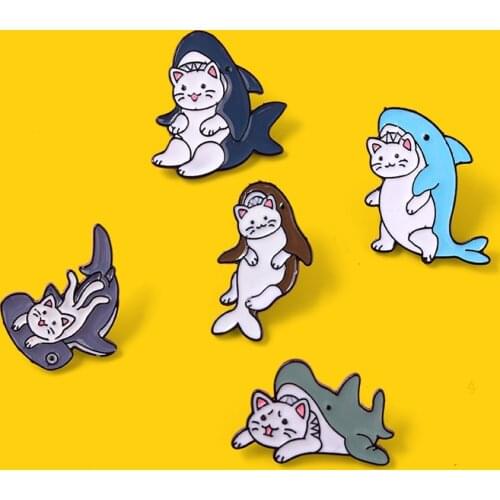 Cat Disguised Shark Enamel Pins Cute Funny Custom Brooches For Women Lapel Pins Accessories Backpack Gift for Friend Cat Lover