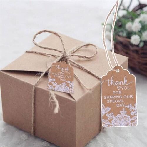 Packaging Labels 50pcs Kraft Paper Gift Tags Labels Gift Box Hang Tag White Lace Print with Hemp Rope for Wedding Engagement