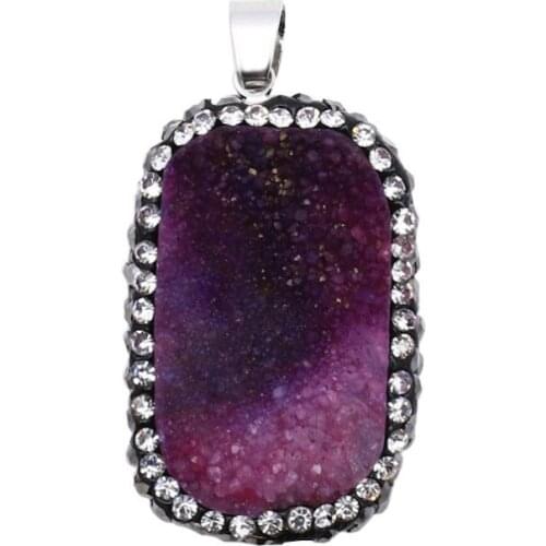 Purple Color Oval Natural Stone Rhinestone Quartz Crystal Pendants for Women Neckalce Making Drusy Druzy Statement Jewelry