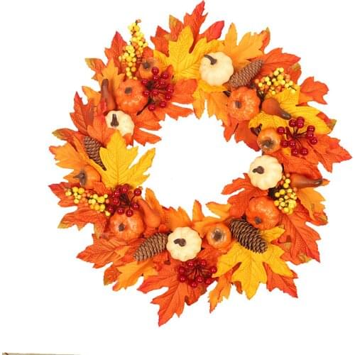 Simulation Pumpkin Pine Cone Autumn Decoration Wreath White Maple Leaf Vine Circle Wall Hanging For Thanksgiving Apposite