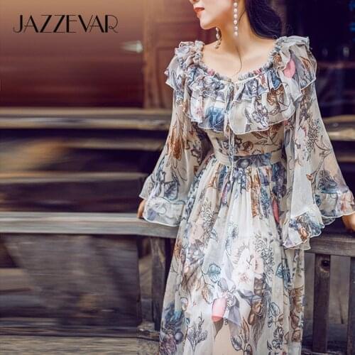 JAZZEVAR 2021 Summer New Womens Romantic Floral Printing Chiffon Dress Elegant Female X-long slash neck Ruffles Maxi Dresses