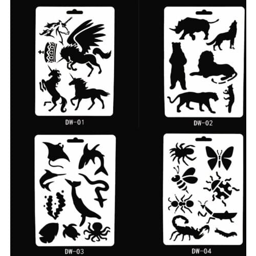 4pc Unicorn Butterfly Animal Stencil DIY Scrapbooking Diary Stamp Coloring Embossing Drawing Painting Template Decor Reusable
