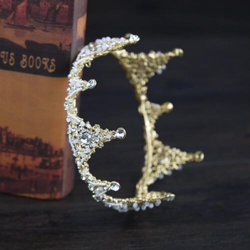 Bridal Wedding Crown Gold Rhinestone Crystal Crown Princess Round Crown Handmade Wedding Hair Accessories Bridal Wedding Crown