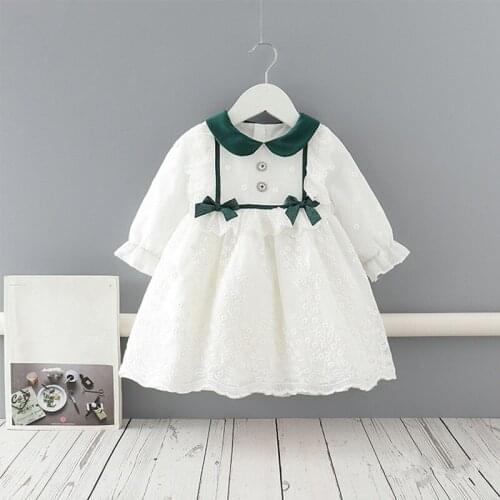 Girls Cute Costume Spring 2021 Peter Pan Collar Children Cotton Dress Long Lantern Sleeve Princess Baby Dresses with 2 Bows 0-4Y