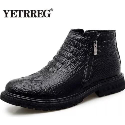 High Quality Leather Business Mens Boots Autumn Winter Warm Fur Snow Boots Crocodile Pattern Men Ankle Boots Mens Shoes
