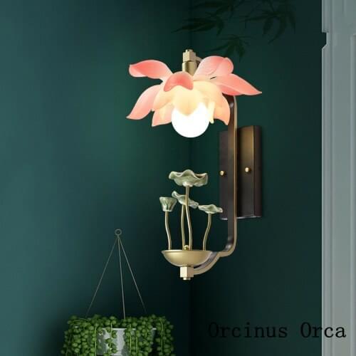 Chinese style retro color lotus wall lamp living room corridor dining hall entrance modern simple LED flower wall lamp