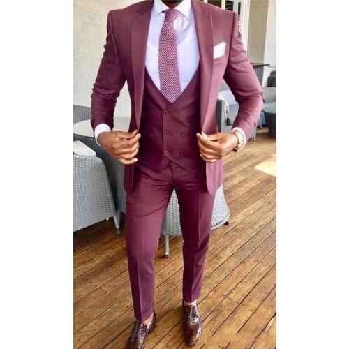 New Arrival One Button Burgundy Groom Tuxedos Groomsmen Peak Lapel Mens Suits Blazers (Jacket+Pants+Vest+Tie) W:1075