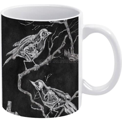 Olvidos White Mug Coffee Mugs Girl Gift Tea Milk Cup Mugs Birds Bones Forgetfulness Skeleton Xray Death Melancholy Pencil Night
