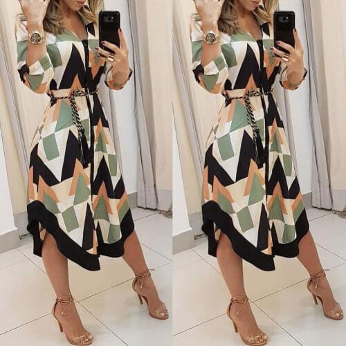 Autumn Woman Fashion Long Sleeve Korean Office Midi Geometric Print Midi Dress Empire Vintage Dresses Belt Casual Party Dress
