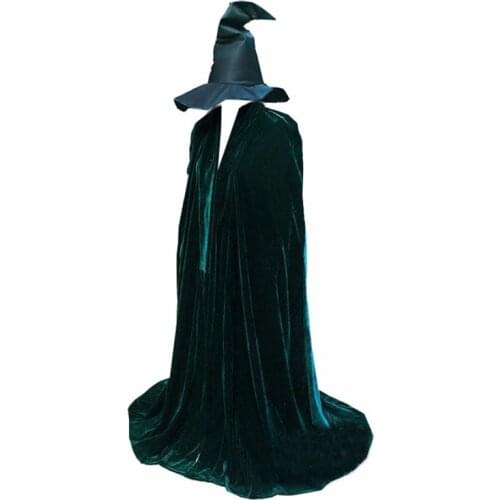 Minerva McGonagall Dress Cosplay Costume Dark Green Cloak Trench Coat Outfits New With Hat