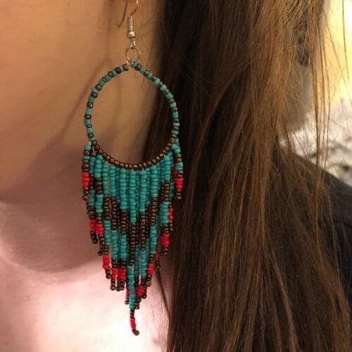 New Fashion Bohemian Ethnic Colorful Rice Bead Tassel Earrings For Women Girls Handmade Beaded Long Retro Earrings Jewelry Gift