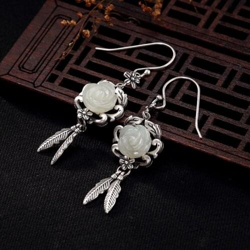 Silver inlaid hetian jade white jade plum flower leaves restoring ancient ways ms high-grade pendant earrings wholesale