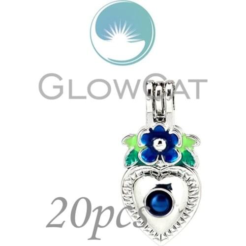 Blue Enamel Flower Heart Beads Cage Essential Oil Diffuser Pearl Cage Locket Pendant 20x KK1017