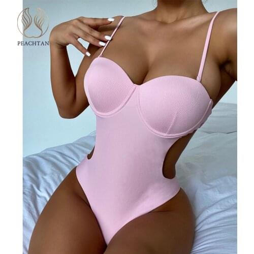 Peachtan Backless one piece swimsuit Solid swimwear female Sexy monokini Push up bodysuit 2021 Underwired bathing suit biquini