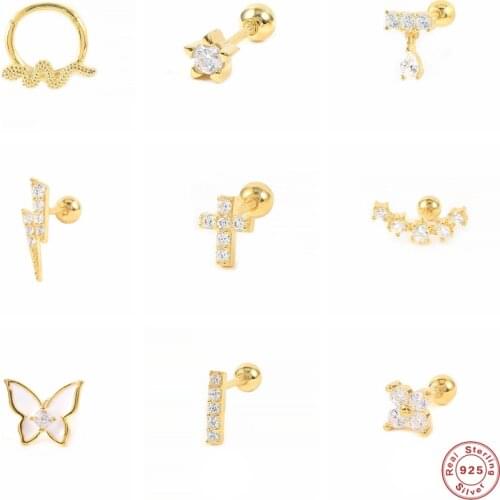 Aide 925 Sterling Silver Mini Snake Stud Earrings White Zircon Lightning Bolt Cross Flower Cartilage Ear Studs Piercing Jewelry