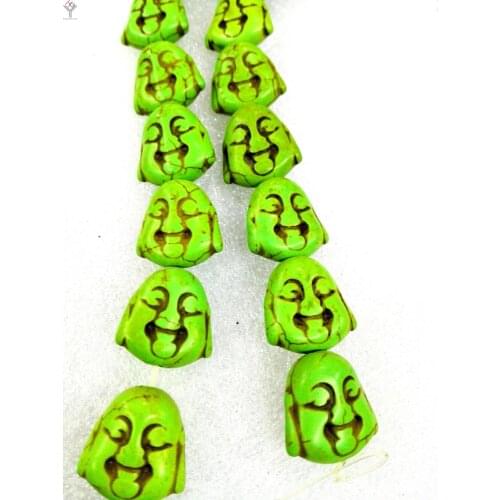 Total 18 beads 18x20mm Bright green carve Buddha head flat howlite stone Loose Beads