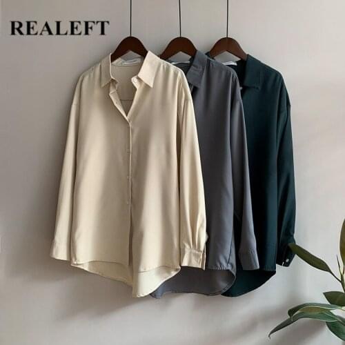 REALEFT 2021 New Spring Autumn Turn-down Collar Womens Blouse Solid Casual Loose Female Blouse Tops Workwear Office Shirts