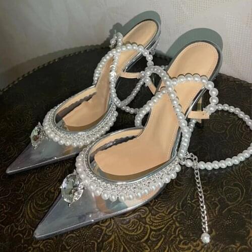 2021 Summer High Heels Sandals Sweet Silver Womens Shoes Diamond Pearl Transparent Thin Heel Pumps Single Shoes Modern Sandals