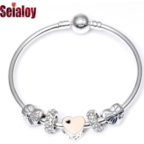 SEIALOY Fashion Pink Heart Charm Bracelets & Bangles With Bowknot Beads Europe Style Brands Bracelet For Women Jewelry Gifts
