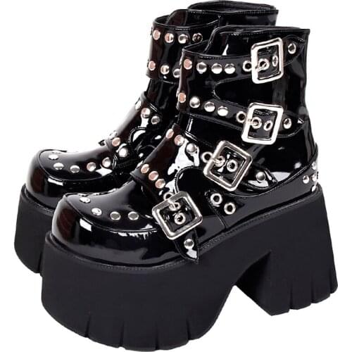 Angelic imprint Women Gothic motorcycle punk boots lady short Boots woman high heels pumps Platform shoes rivets 33-47 10cm 7003