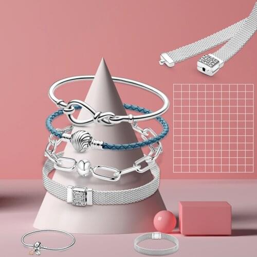 2021 Charms 925 Sterling Solid Silver Bracelet Heart T-Bar Cuff Chain Sparkling Blue Chain Bracelet Women Jewelry