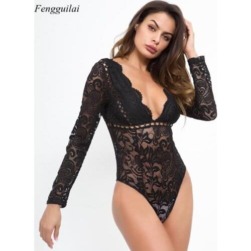2021 New Womens Lace Hollow Out Sexy Fashion Deep V Neck Long Sleeve Summer Spring Jumpsuit