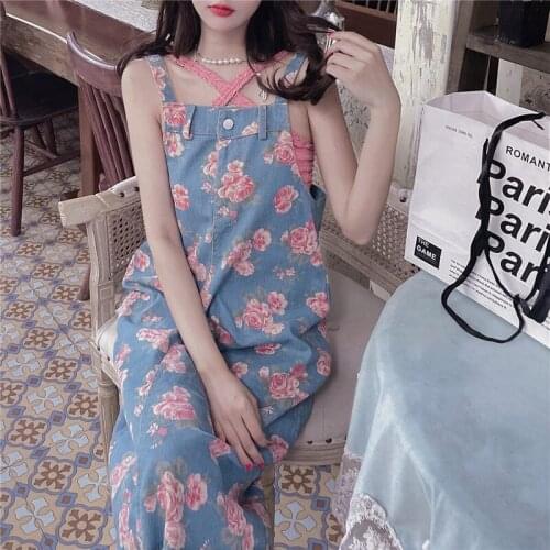 Vintage Y2K Flower Print Sleeveless Strap Denim Dress Women 2021 Summer Autumn Fashion Medium Length Loose Causal Jeans Dresses