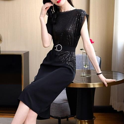 Summer Black Vintage Lace Sexy Midi Sequins Dress 2021 Casual Korean Short Sleeve 3XL Dress Women Elegant Bodycon Party Vestidos