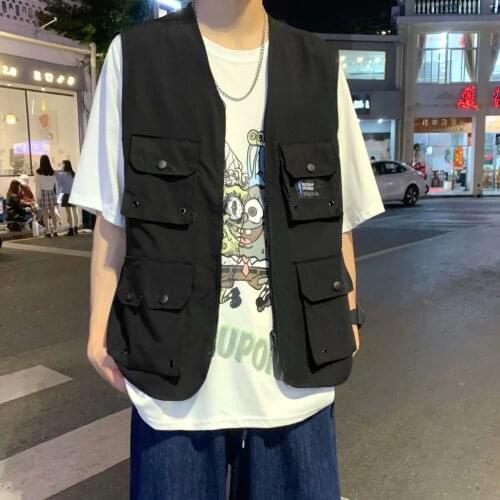 Vest Summer Overalls Loose Black Jacket Trend Hip-hop Streetwear Multi-pocket Sleeveless Outer Wear Casual Mens Clothing Vest