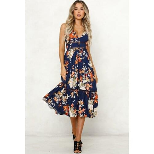 Hollow Out Floral Print Dress Women Summer Sleeveless V Neck Femal Midi Dresses Ladys Bohemian Fashion Elegant Vestidos Dress