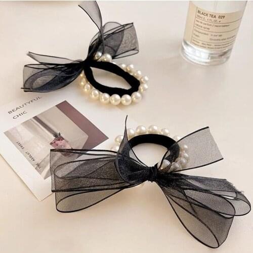 Retro Black Tie Head Rope Female Net Yarn Style Temperament Bow Knot Headdress Korean Pearls Hair Ring Ponytail Holder