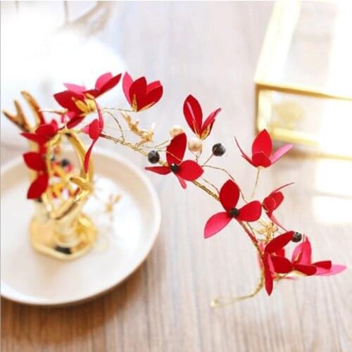 Romantic Pearls Red White Flower Bride Hairband Headdress Red Bridal Headband Headpiece Hair Ornaments Wedding Hair Accessories