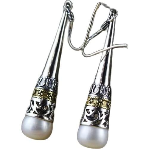 KJJEAXCMY fine jewelry S925 sterling silver jewelry hollow-out pearl female style earrings national style as old earrings
